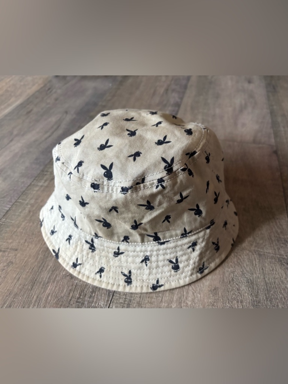 Playboy one size fits most tan and black bunny logo cotton wide brim bucket hat